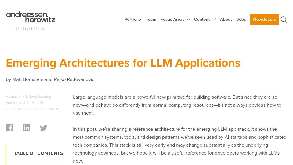 Screenshot of a16z.com: Emerging architectures for LLM applications