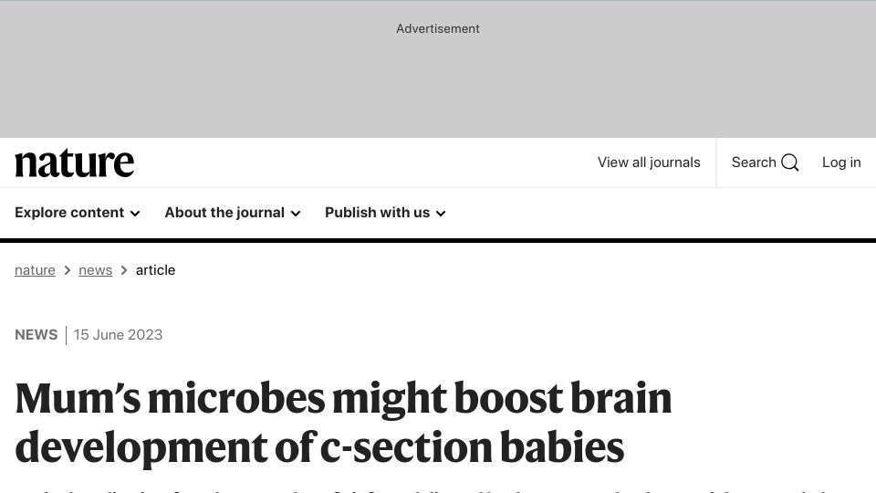 Screenshot of nature.com: Mum’s microbes might boost brain development of C-section babies