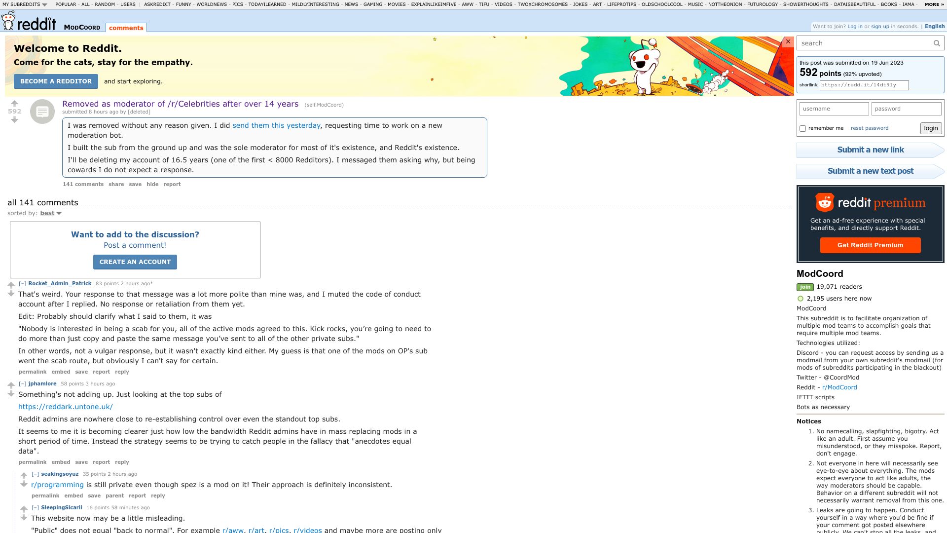 Screenshot of old.reddit.com: Removed as moderator of /r/Celebrities after over 14 years