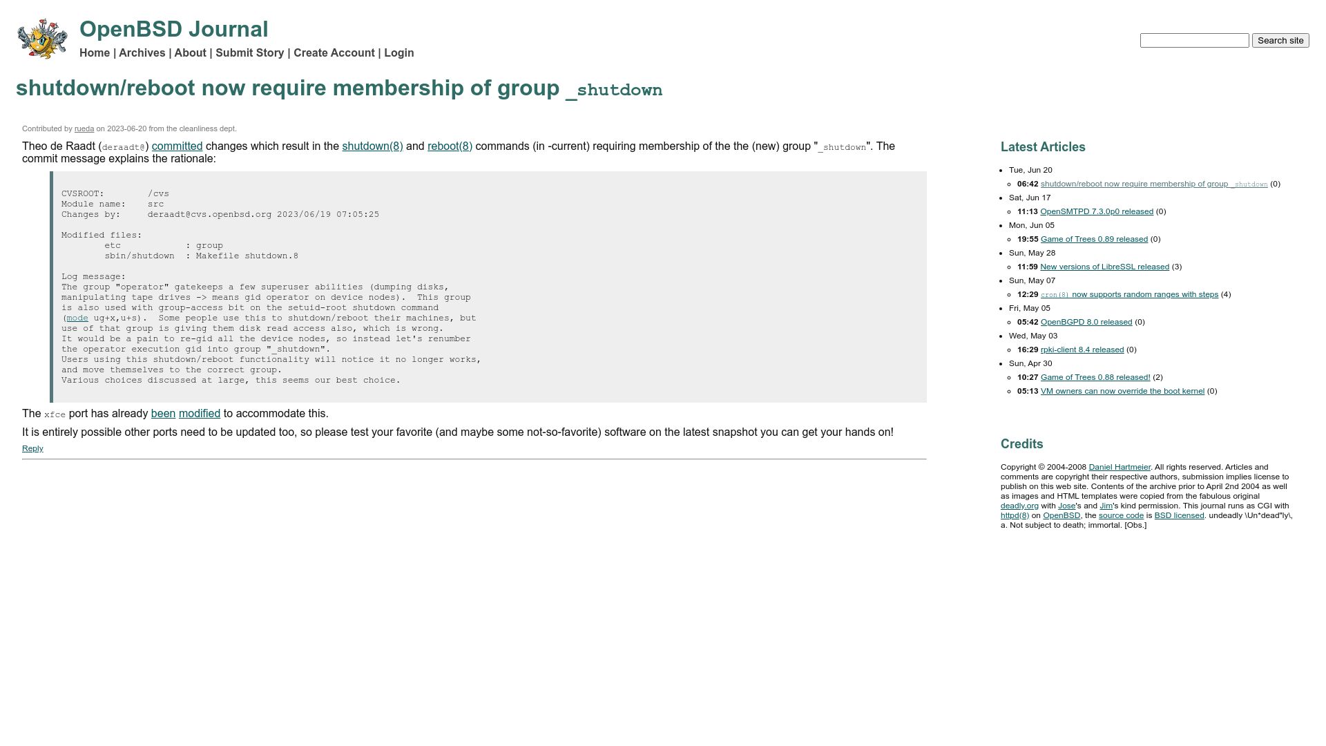 Screenshot of undeadly.org: OpenBSD: Shutdown/reboot now require membership of group _shutdown