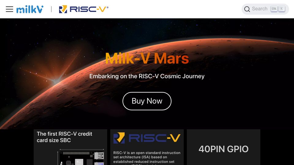 Screenshot of milkv.io: Milk-V Mars: RISC-V credit card size SBC
