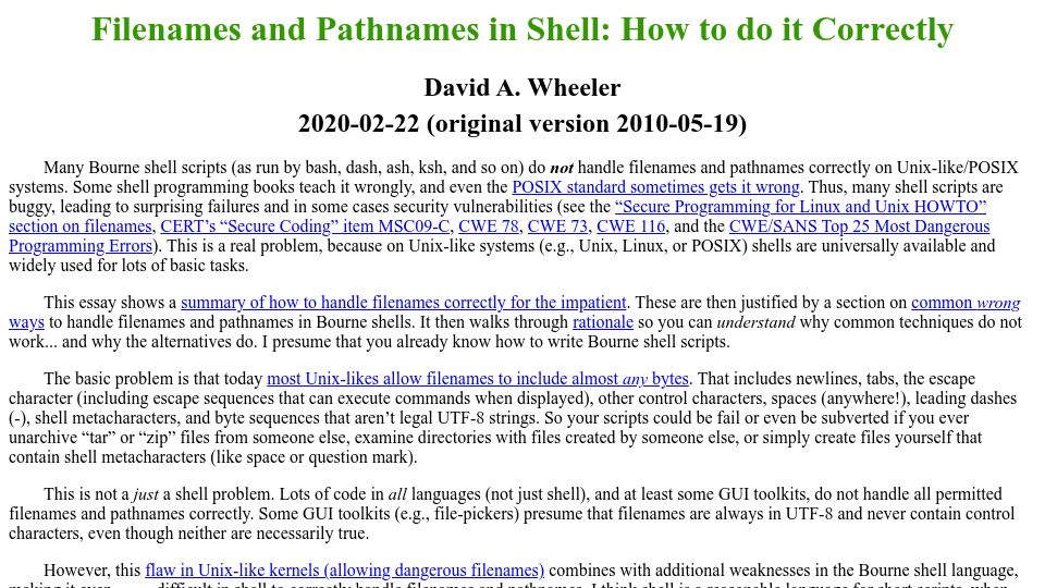 Screenshot of dwheeler.com: Filenames and pathnames in shell: How to do it correctly (2020)
