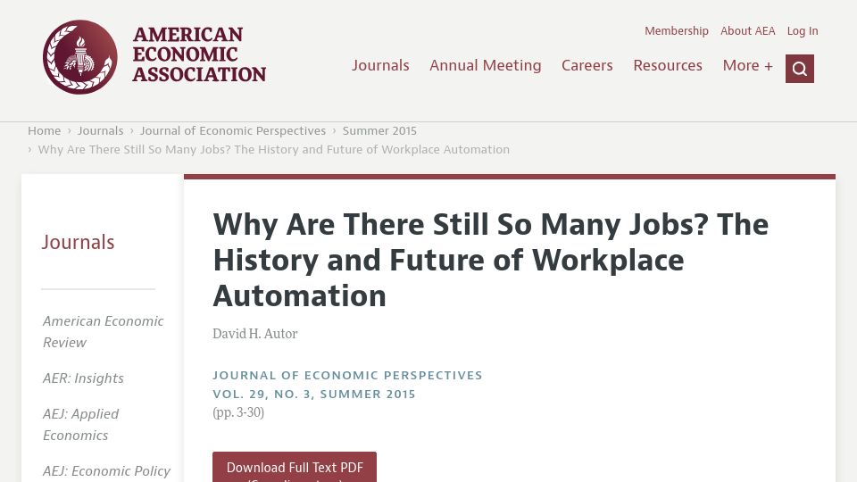 Screenshot of aeaweb.org: The history and future of workplace automation (2015)
