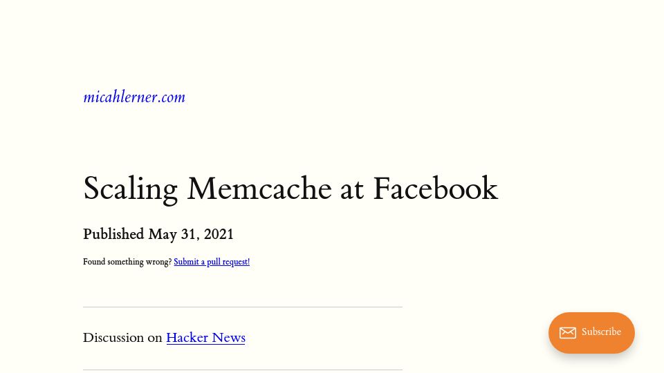 Screenshot of micahlerner.com: Scaling Memcache at Facebook (2021)