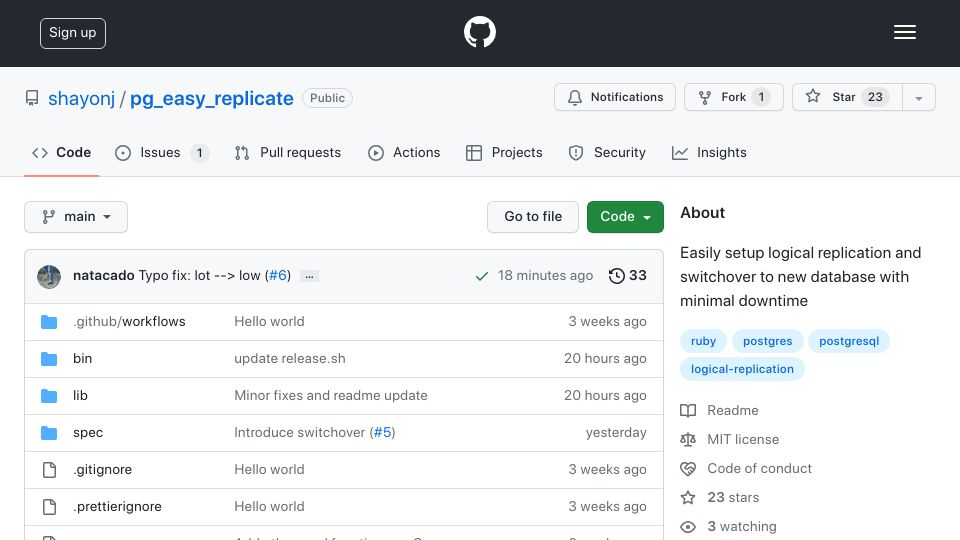 Screenshot of github.com: Minimal downtime major PostgreSQL version upgrades with pg_easy_replicate