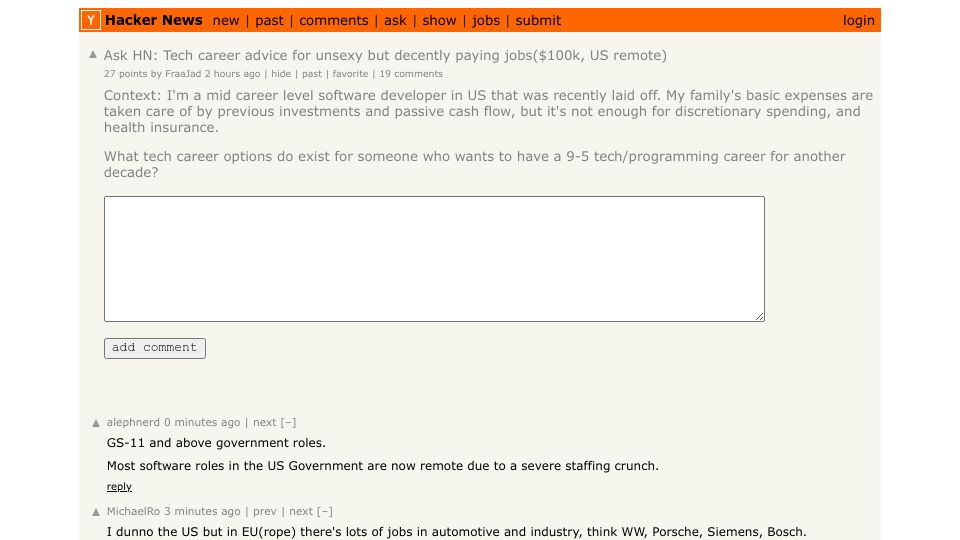 Screenshot of Hacker News post: Ask HN: Tech career advice for unsexy but decently paying jobs($100k, US remote)