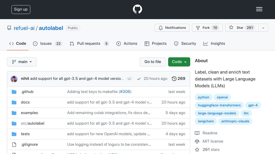 Screenshot of github.com: Show HN: Autolabel, a Python library to label and enrich text data with LLMs