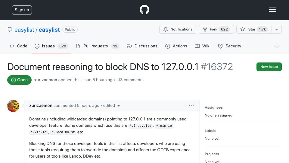 Screenshot of github.com: Document reasoning to block DNS to 127.0.0.1