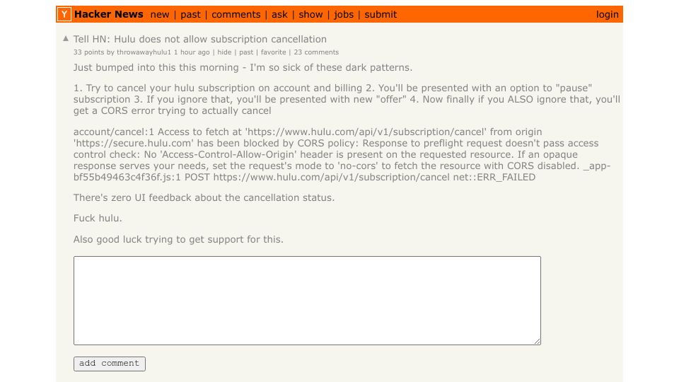 Screenshot of Hacker News post: Tell HN: Hulu does not allow subscription cancellation