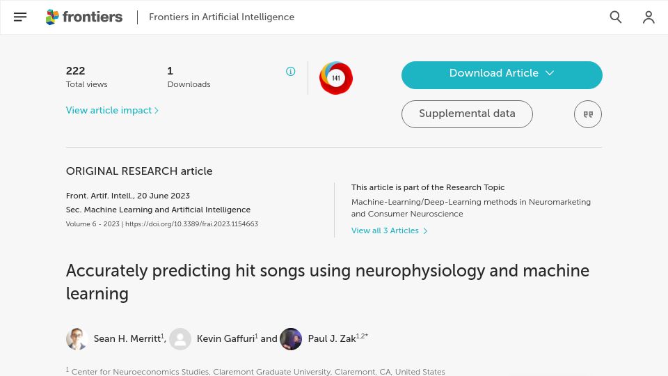 Screenshot of frontiersin.org: Predicting hit songs with 97% accuracy
