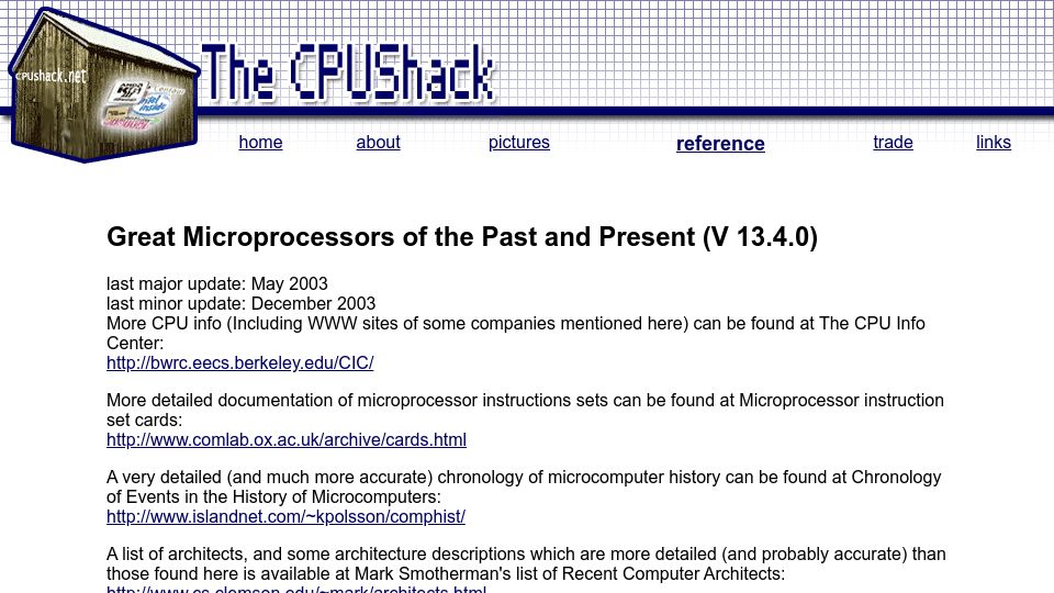 Screenshot of cpushack.com: Great Microprocessors of the Past and Present (2003)