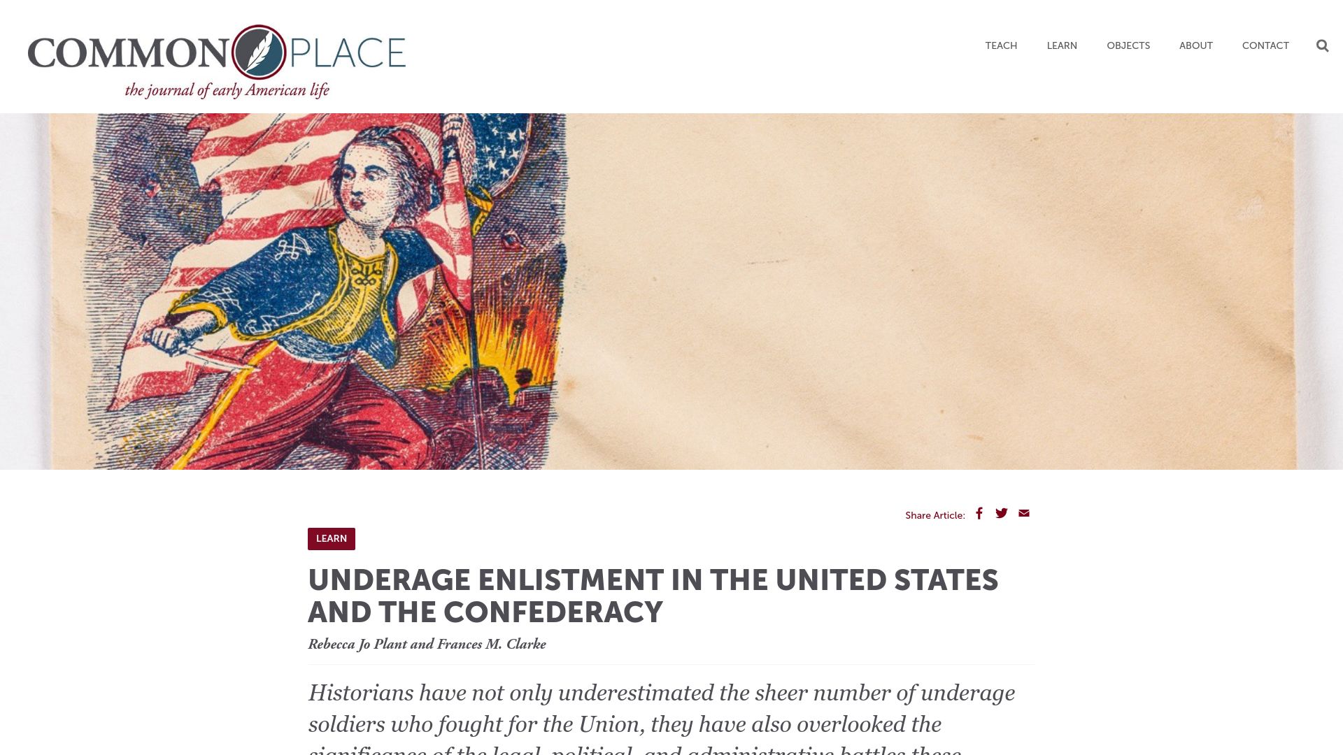 Screenshot of commonplace.online: Underage Enlistment in the United States and the Confederacy