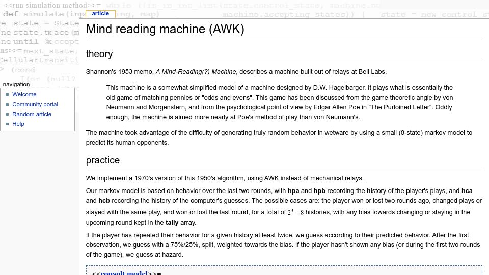 Screenshot of literateprograms.org: Shannon's Mind-Reading Machine