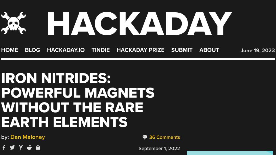 Screenshot of hackaday.com: Iron nitrides: powerful magnets without the rare earth elements