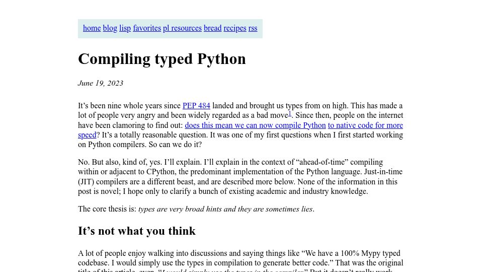 Screenshot of bernsteinbear.com: Compiling Typed Python