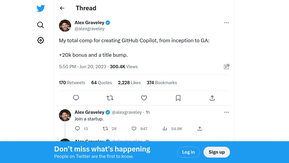 Screenshot of twitter.com: My total comp for creating GitHub Copilot