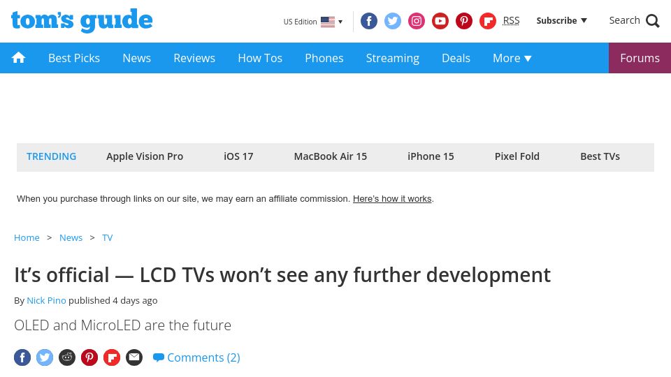 Screenshot of tomsguide.com: LCD TVs won’t see any further development