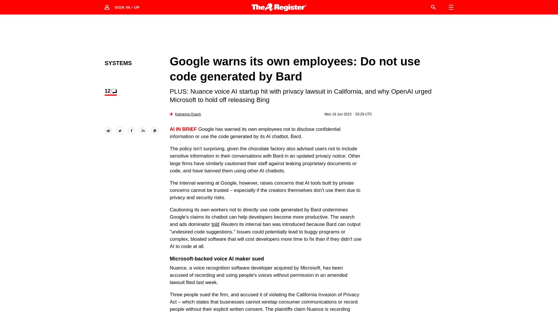 Screenshot of theregister.com: Google warns its own employees: Do not use code generated by Bard