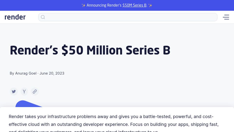 Screenshot of render.com: Render Raises $50M Series B