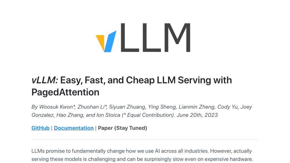 Screenshot of vllm.ai: vLLM: Easy, Fast, and Cheap LLM Serving with PagedAttention