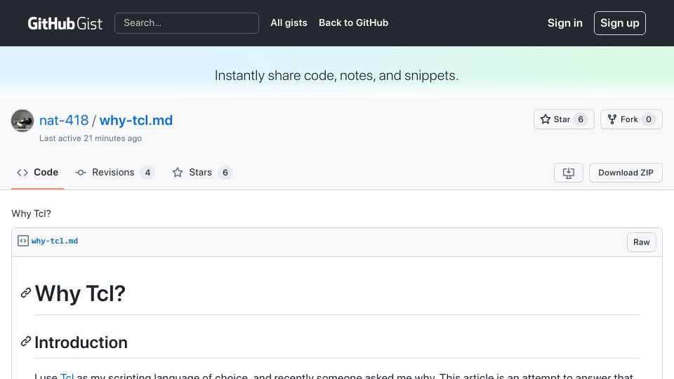 Screenshot of gist.github.com: Why Tcl?