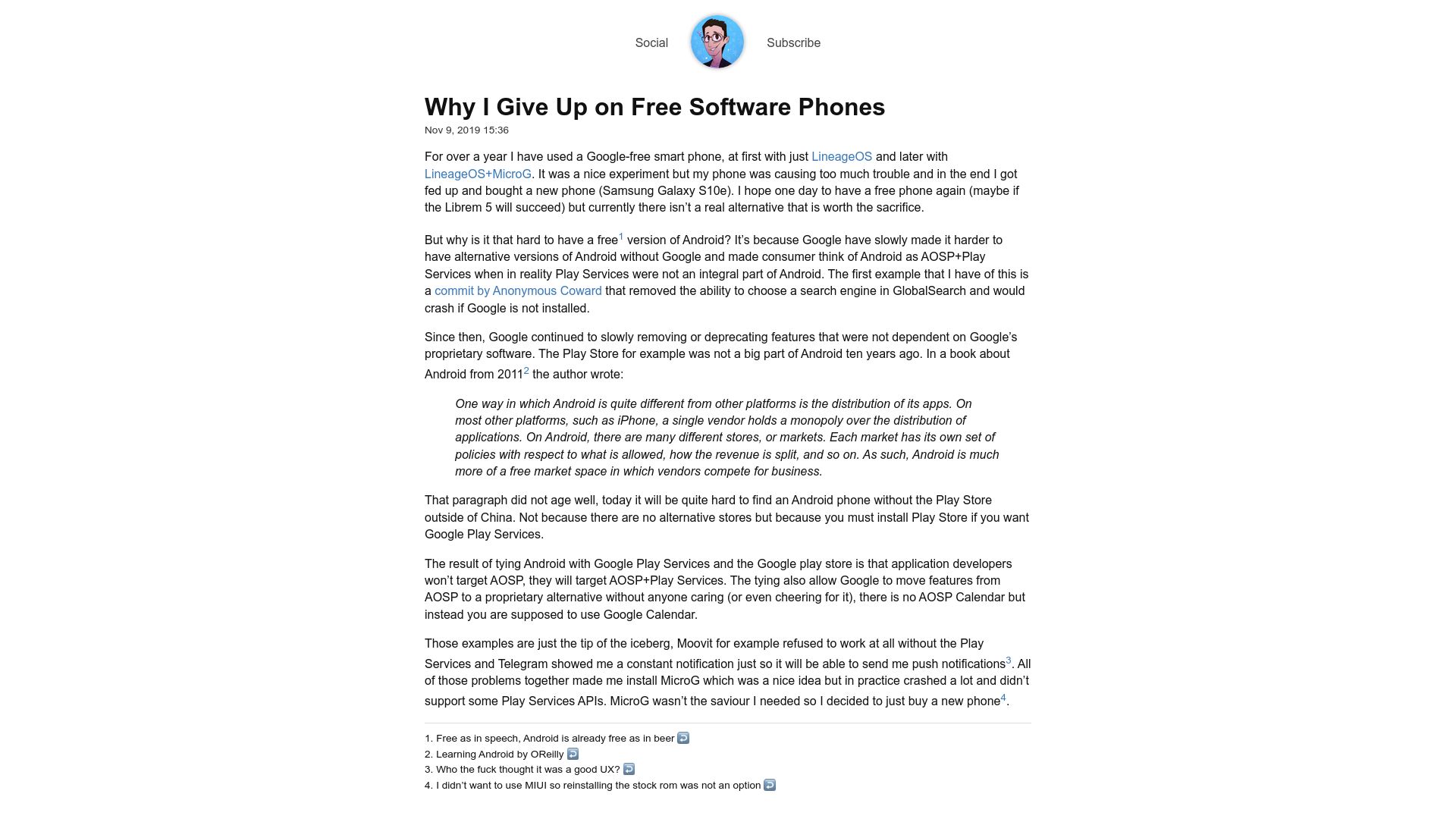 Screenshot of yotam.net: I give up on free software phones (2019)