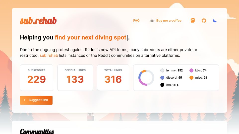 Screenshot of sub.rehab: Sub.Rehab – See where Reddit communities have relocated