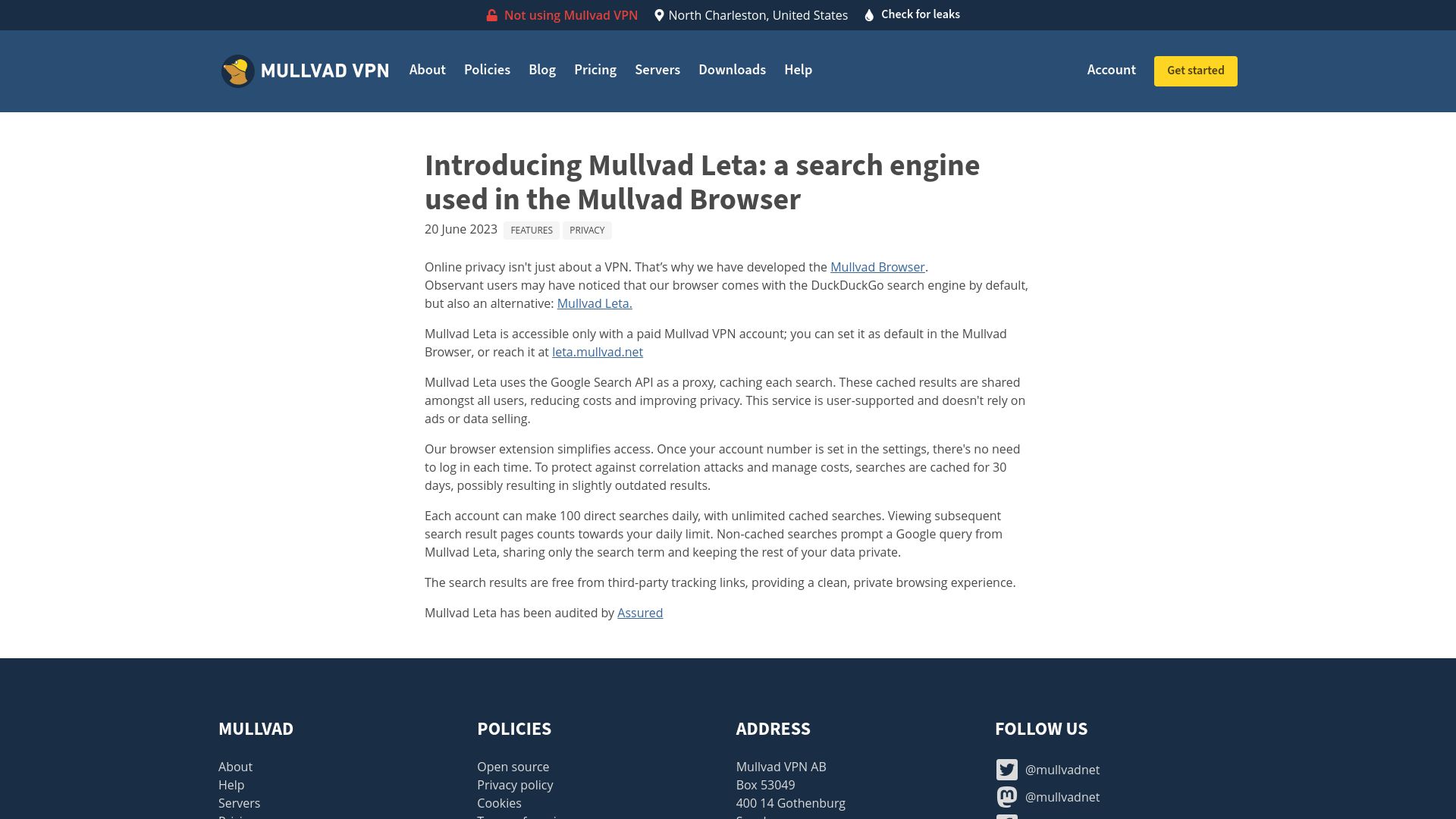 Screenshot of mullvad.net: Mullvad Leta: A search engine used in the Mullvad Browser