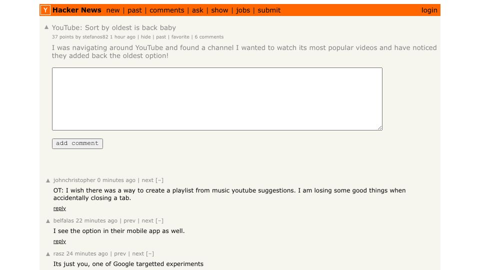 Screenshot of Hacker News post: YouTube: Sort by oldest is back baby