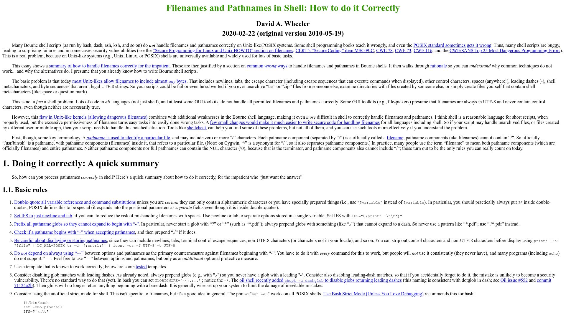 Screenshot of dwheeler.com: Filenames and pathnames in shell: How to do it correctly (2020)
