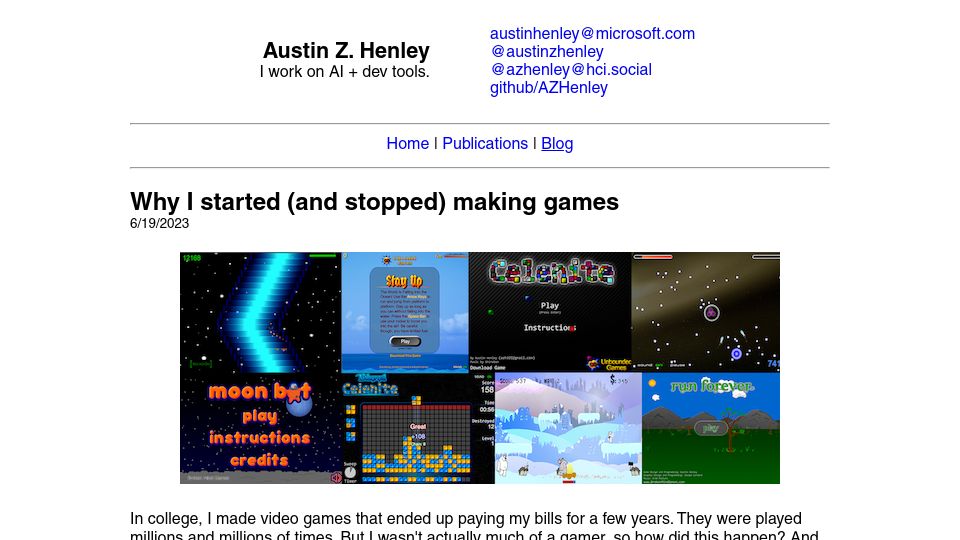 Screenshot of austinhenley.com: Why I started (and stopped) making games