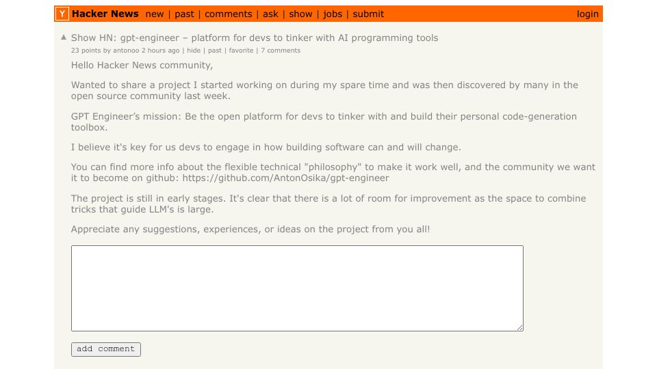 Screenshot of Hacker News post: Show HN: gpt-engineer – platform for devs to tinker with AI programming tools