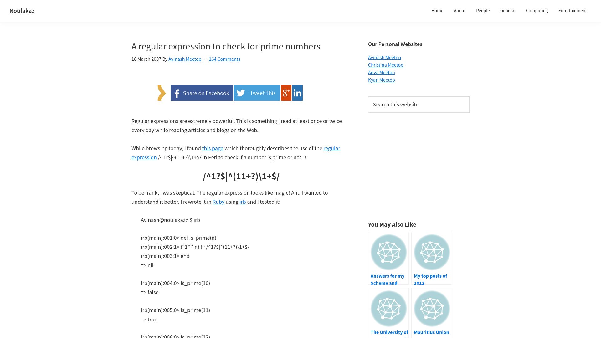 Screenshot of noulakaz.net: A regular expression to check for prime numbers (2007)
