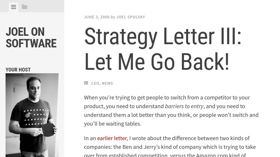 Screenshot of joelonsoftware.com: Let Me Go Back (2000)