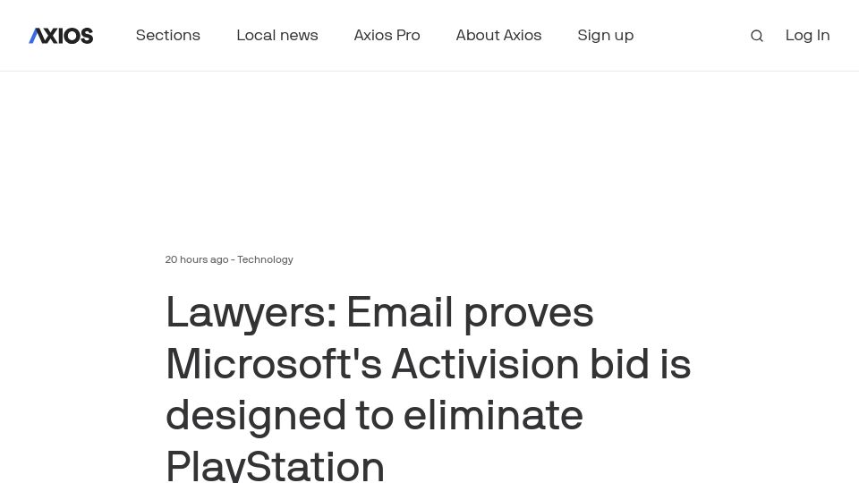 Screenshot of axios.com: Email proves Microsoft's Activision bid is designed to eliminate Playstation