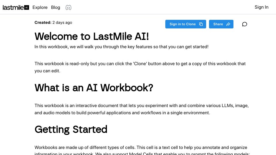 Screenshot of lastmileai.dev: AI Workbooks – A notebook interface for LLMs, image and audio models