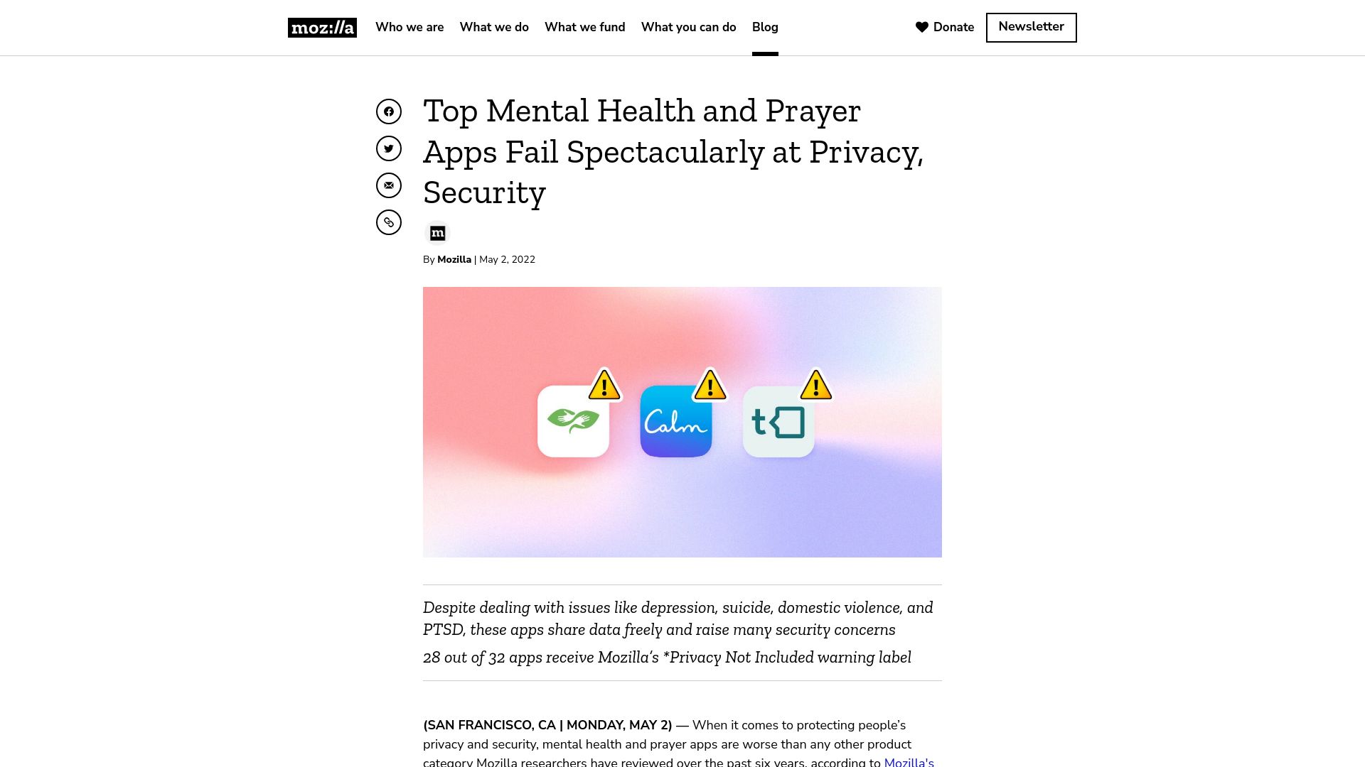 Screenshot of foundation.mozilla.org: Top Mental Health and Prayer Apps Fail at Privacy, Security (2022)