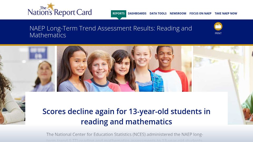 Screenshot of nationsreportcard.gov: Scores decline again for 13-year-old students in reading and mathematics