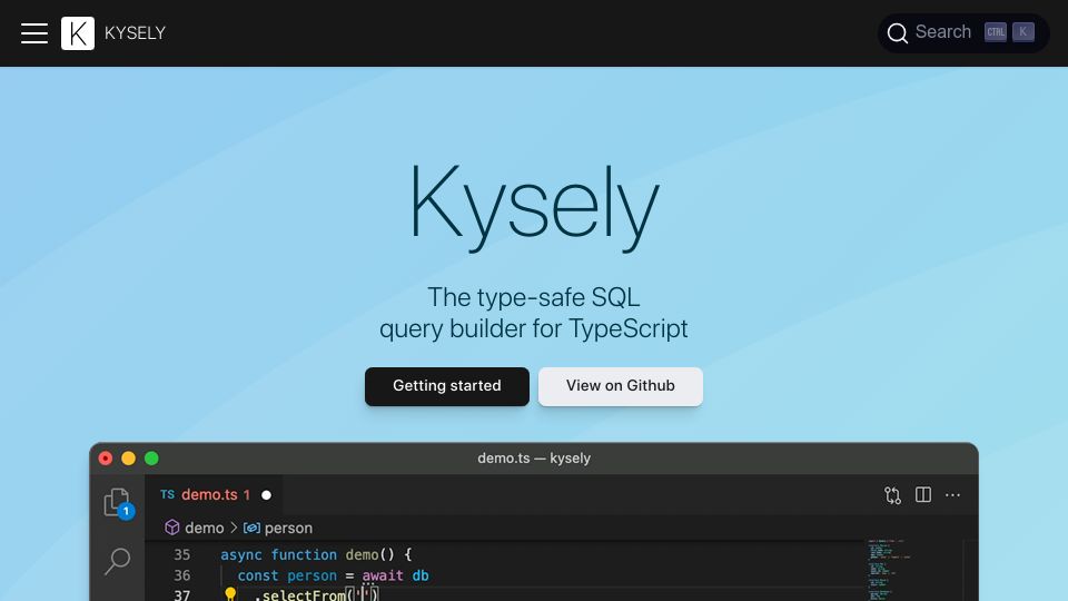 Screenshot of kysely.dev: Show HN: Kysely, a type-safe SQL query builder for TypeScript