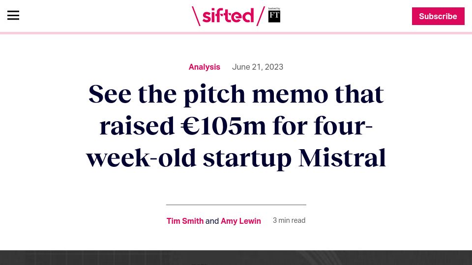 Screenshot of sifted.eu: See the pitch memo that raised €105M for four-week-old startup Mistral