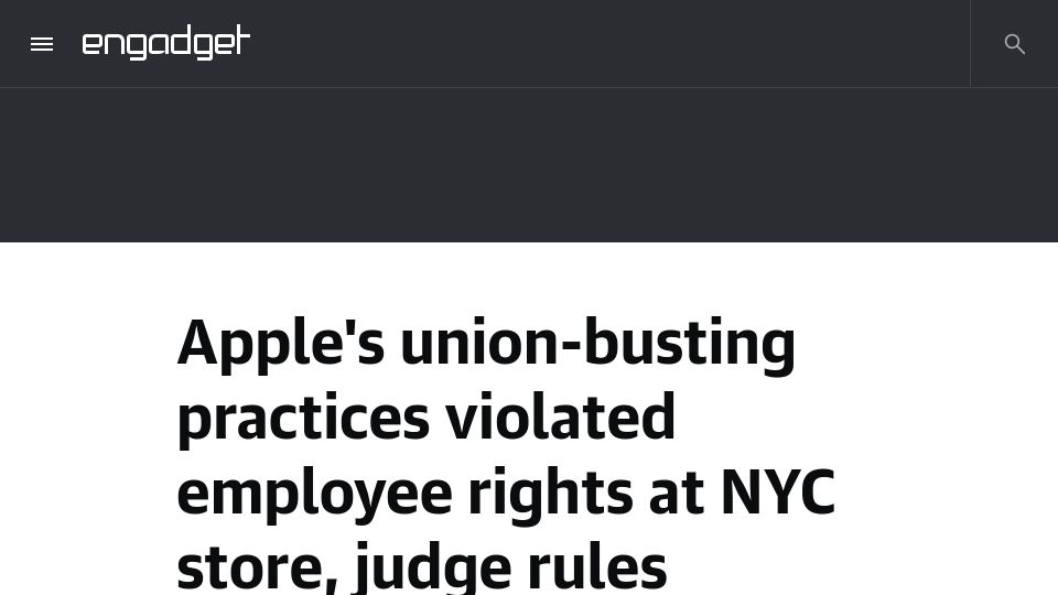 Screenshot of engadget.com: Apple's union-busting practices violated employee rights at NYC store