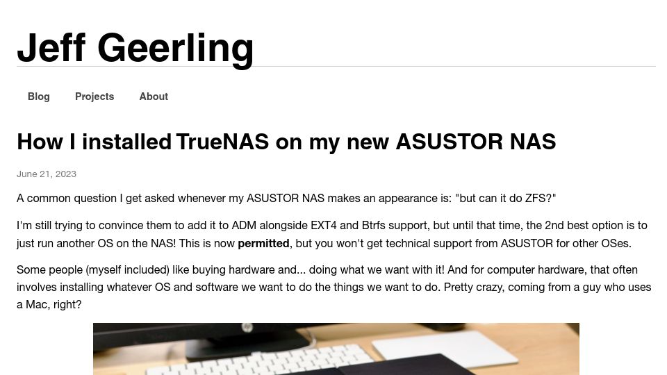 Screenshot of jeffgeerling.com: How I installed TrueNAS on my new ASUSTOR NAS