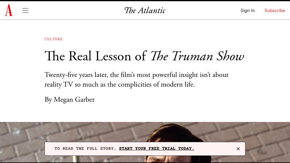 Screenshot of theatlantic.com: The Real Lesson of The Truman Show