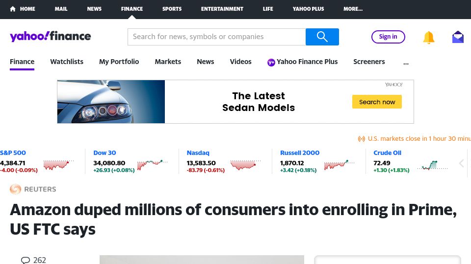 Screenshot of finance.yahoo.com: Amazon duped millions of consumers into enrolling in Prime, US FTC says