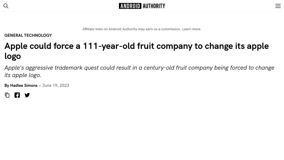 Screenshot of androidauthority.com: Apple could force a 111-year-old fruit company to change its Apple logo
