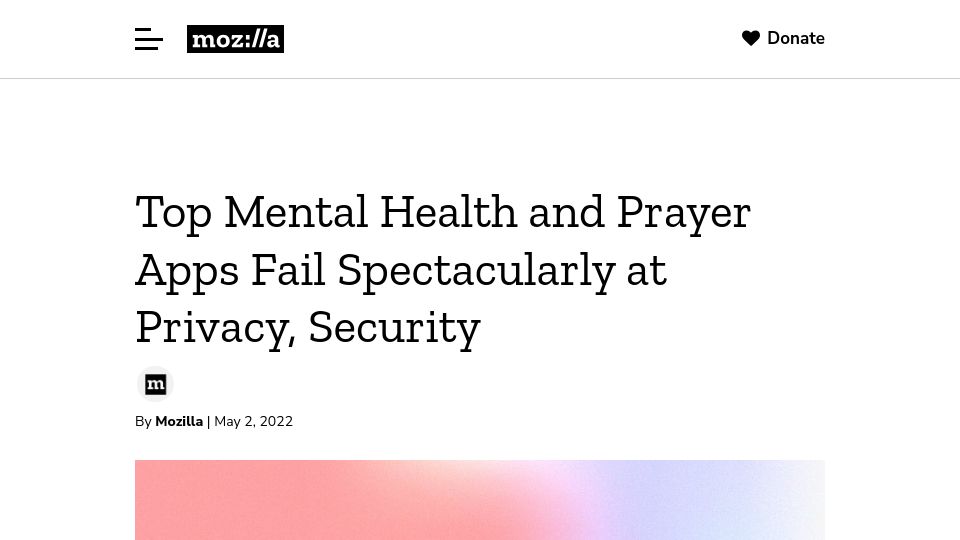 Screenshot of foundation.mozilla.org: Top Mental Health and Prayer Apps Fail at Privacy, Security (2022)