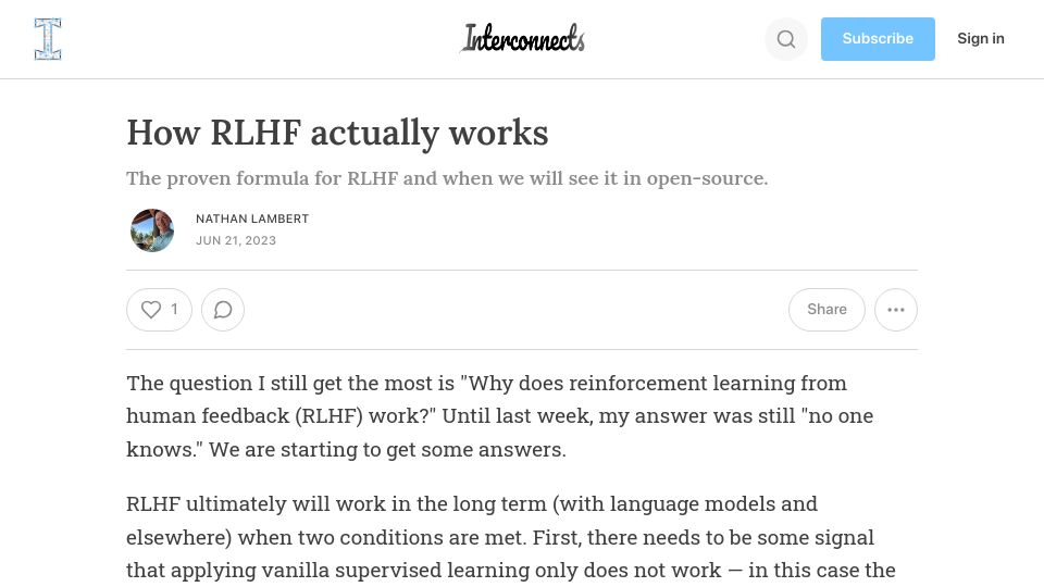 Screenshot of interconnects.ai: How RLHF Works
