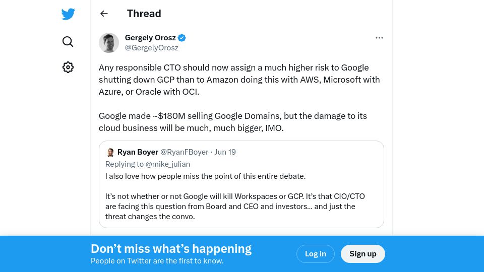 Screenshot of twitter.com: Gergely Orosz: on the risk of Google shutting down Google Cloud Platform