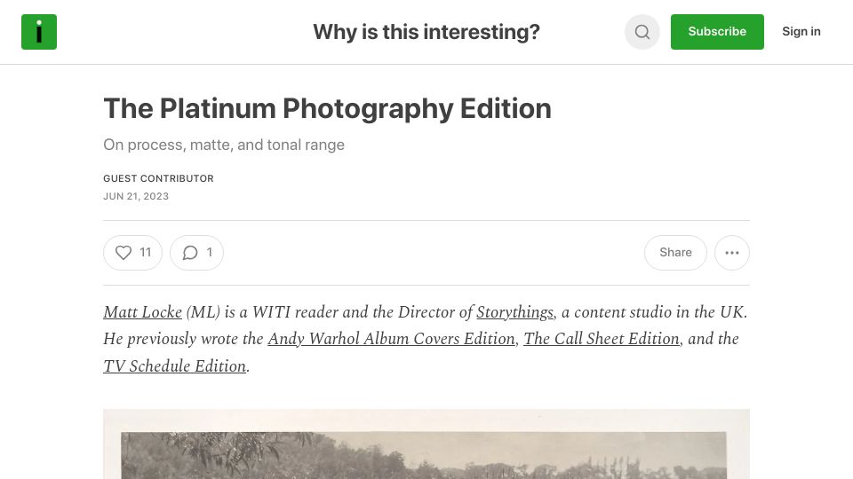 Screenshot of whyisthisinteresting.substack.com: Platinum Photography