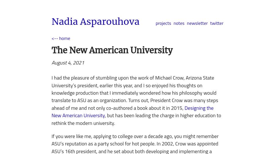 Screenshot of nadia.xyz: ASU: The New American University (2021)
